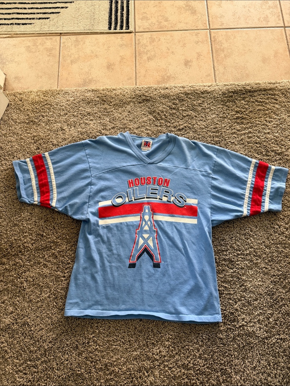Houston Oilers Light Blue Tee with Red & White Stripes